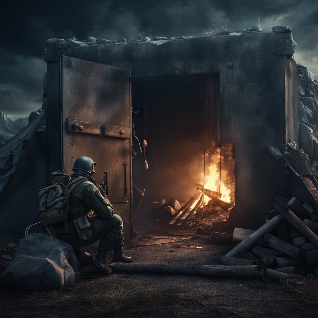Worn Soldier Campfire Next to Bunker Door