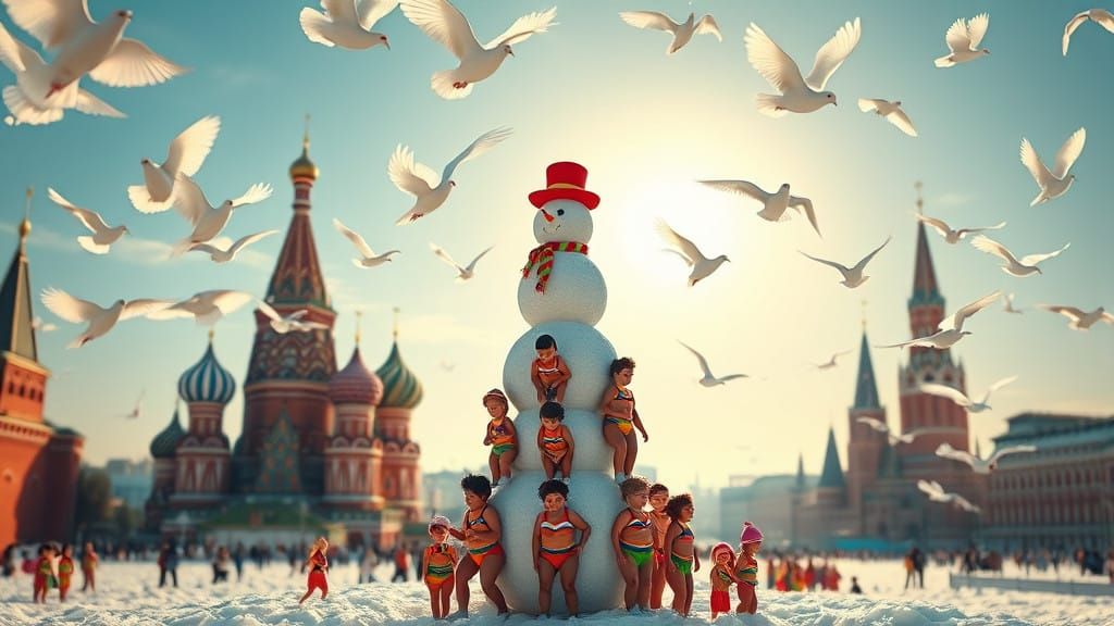 Vibrant Snowman in Kremlin Setting, Whimsical Winter Scene