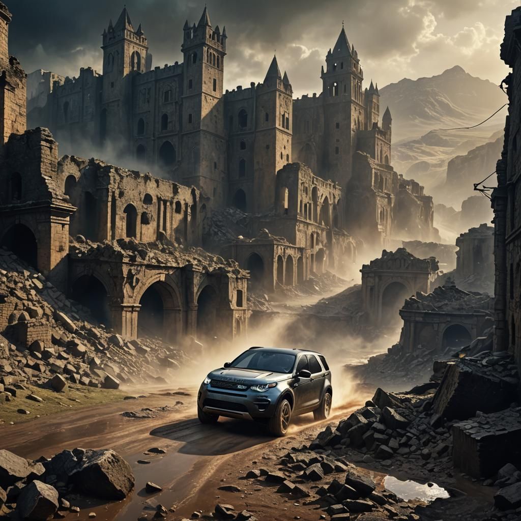 Land Rover in Mystical Ruined Cityscape