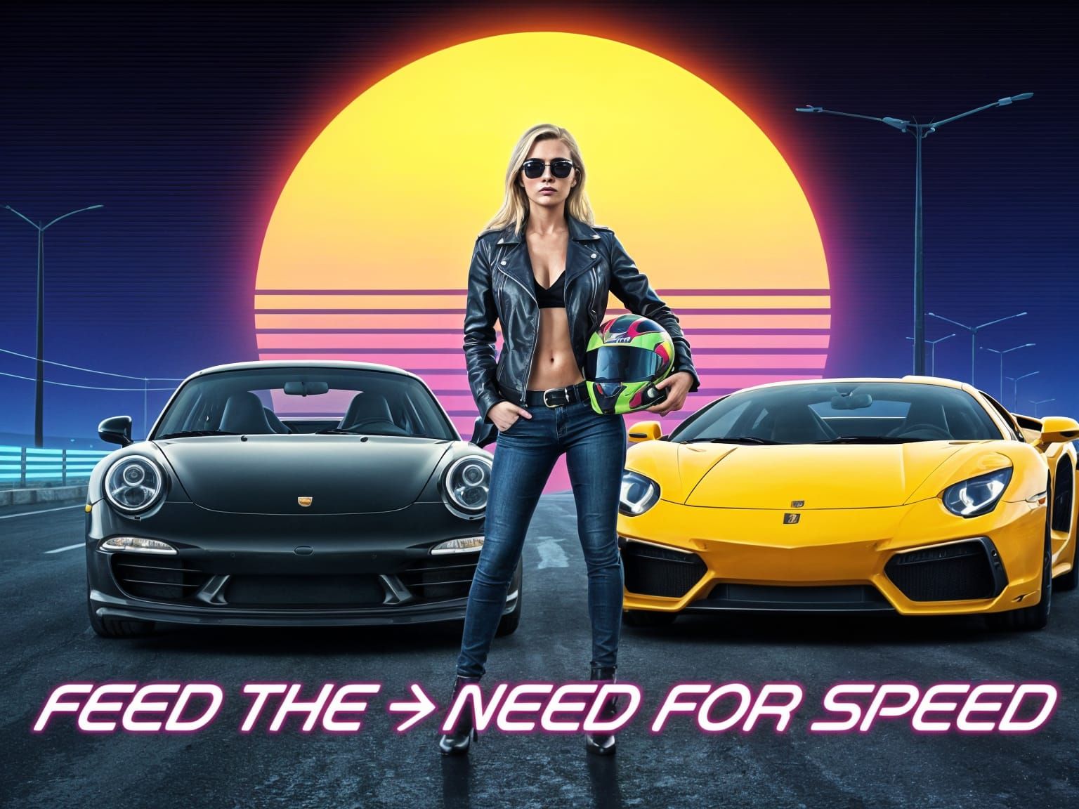 1980s Style Poster with Woman and Supercars