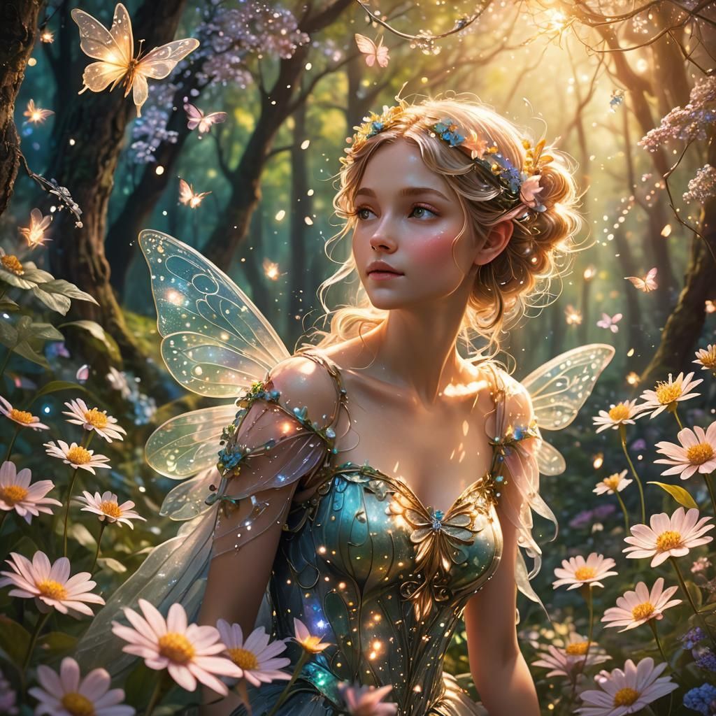 Enchanting Fairy Surrounded by Flowers and Sparkling Lights