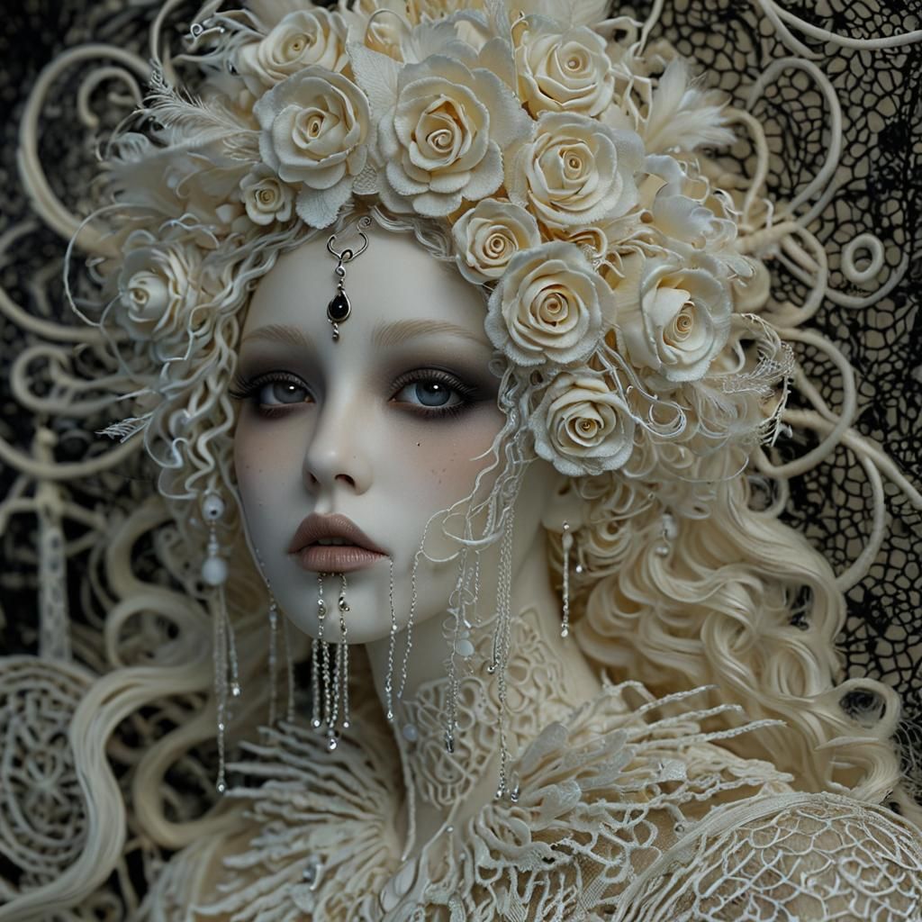 Ethereal Ghost Goddess Portrait with Lace Embroidery