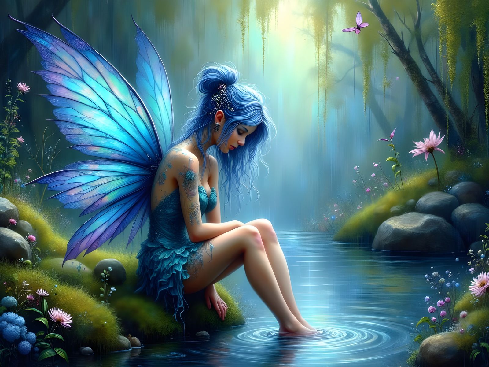Blue Fairy Enjoys Woodland Stream in Acrylic Watercolor Styl...