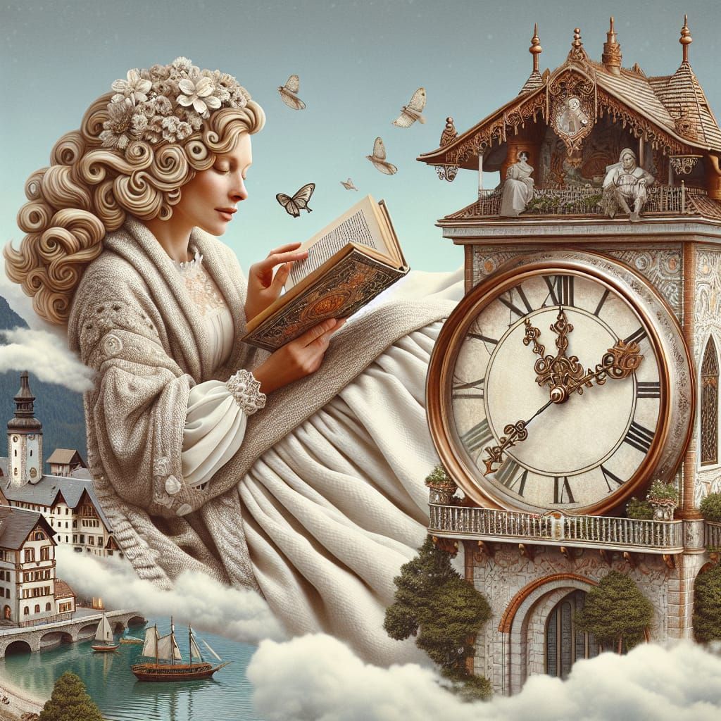 Woman Reading on Cloud Above Island Town