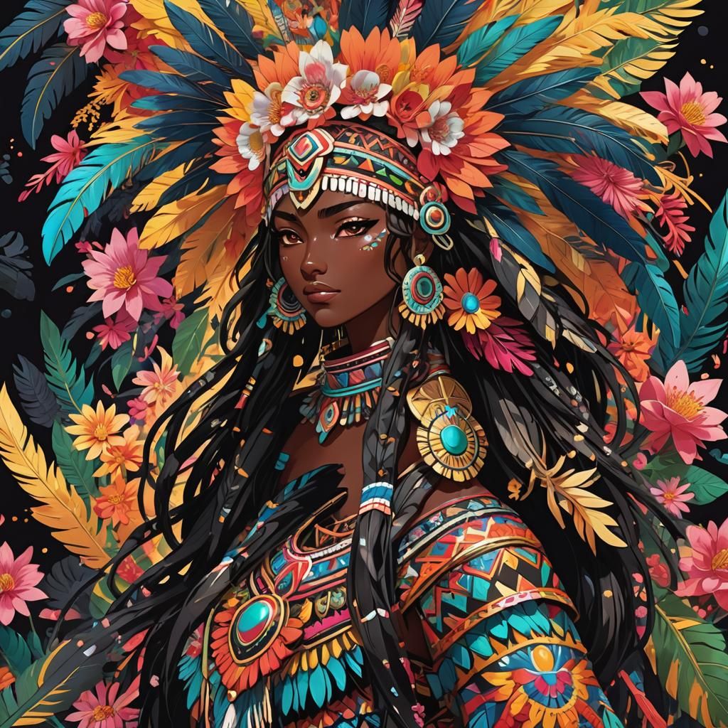Aztec Girl in Vibrant Anime Manga Style