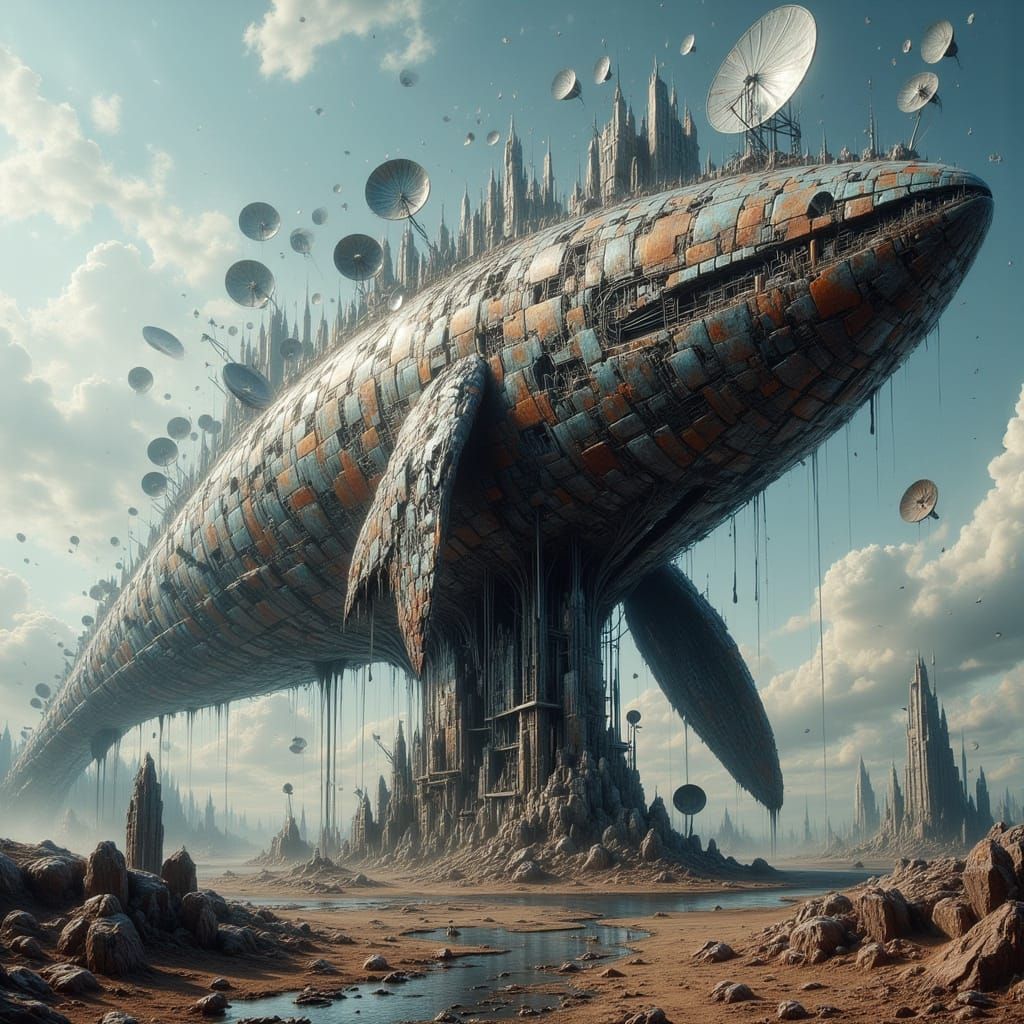 Massive Satellite Dish Whale in Surreal Industrial Sci-Fi La...