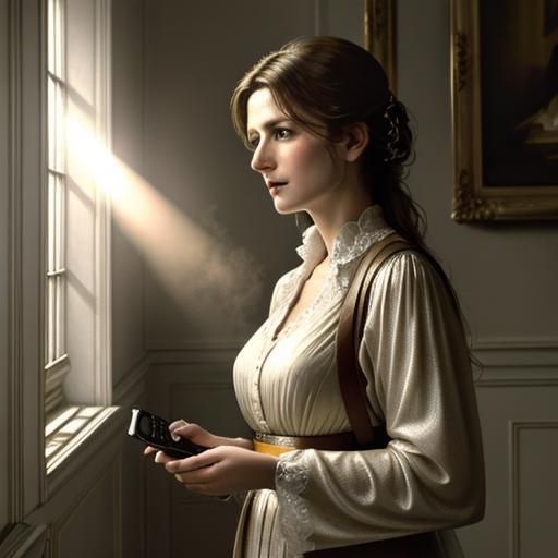 Lady Singing with Tape Recorder in Photorealistic Style