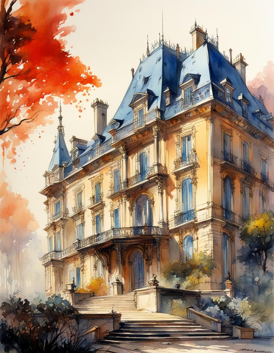 French Palace in Watercolor Style