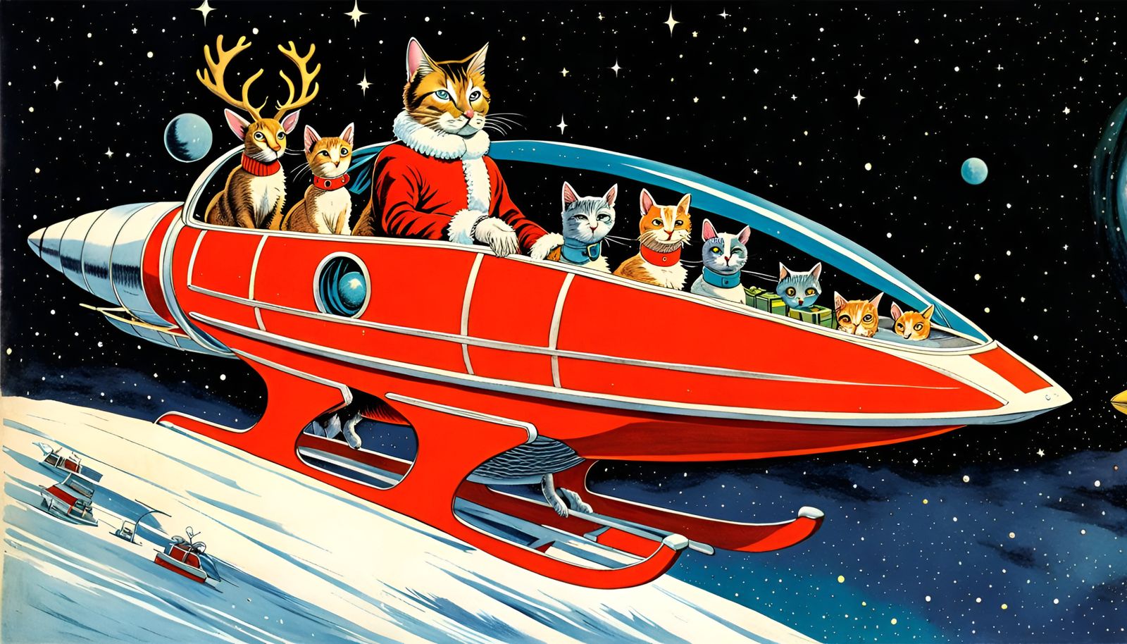 Cat Santa in Spaceship Sled: Retrofuturistic Illustration