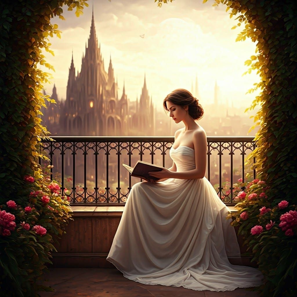Woman Reading on Balcony in Fantasy Cityscape