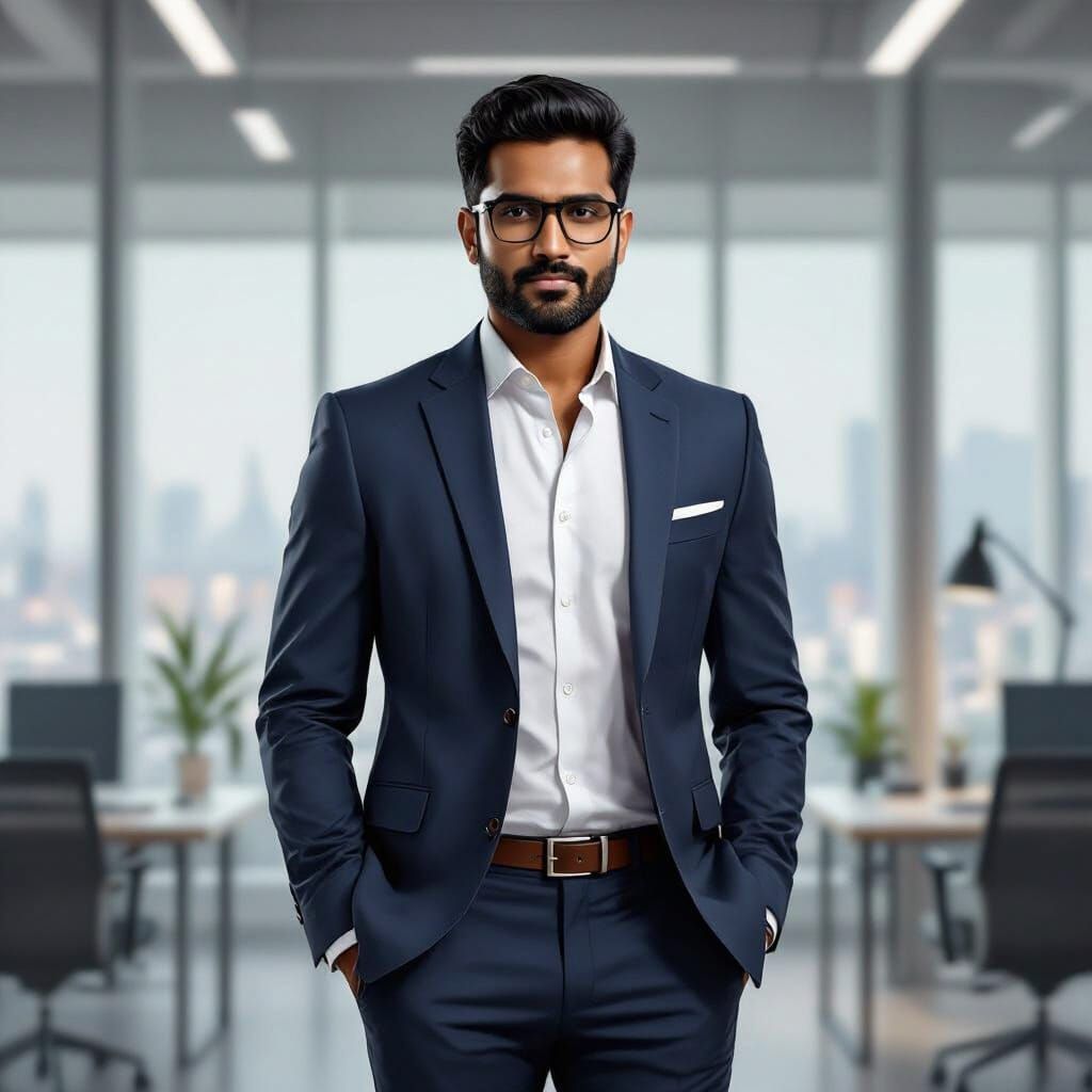 Confident Businessman in Modern Office, Digital Art Style