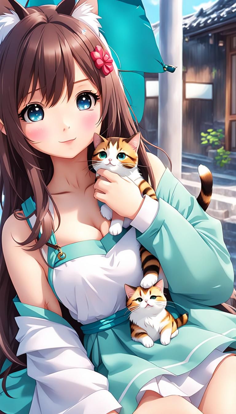 Cute Chibi Girl and Cat in Japanese Living Room