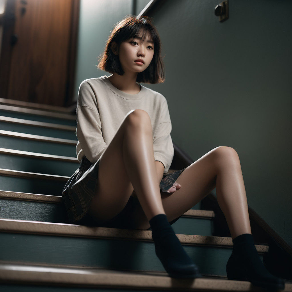 Young Woman in a Moody Stairwell Scene