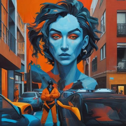 Cubist Oil Painting of American with Pawn and Wheel