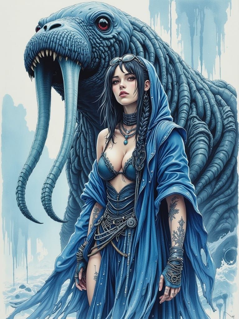 Pinup Woman in Winter Attire Before Walrus-Centipede Statue