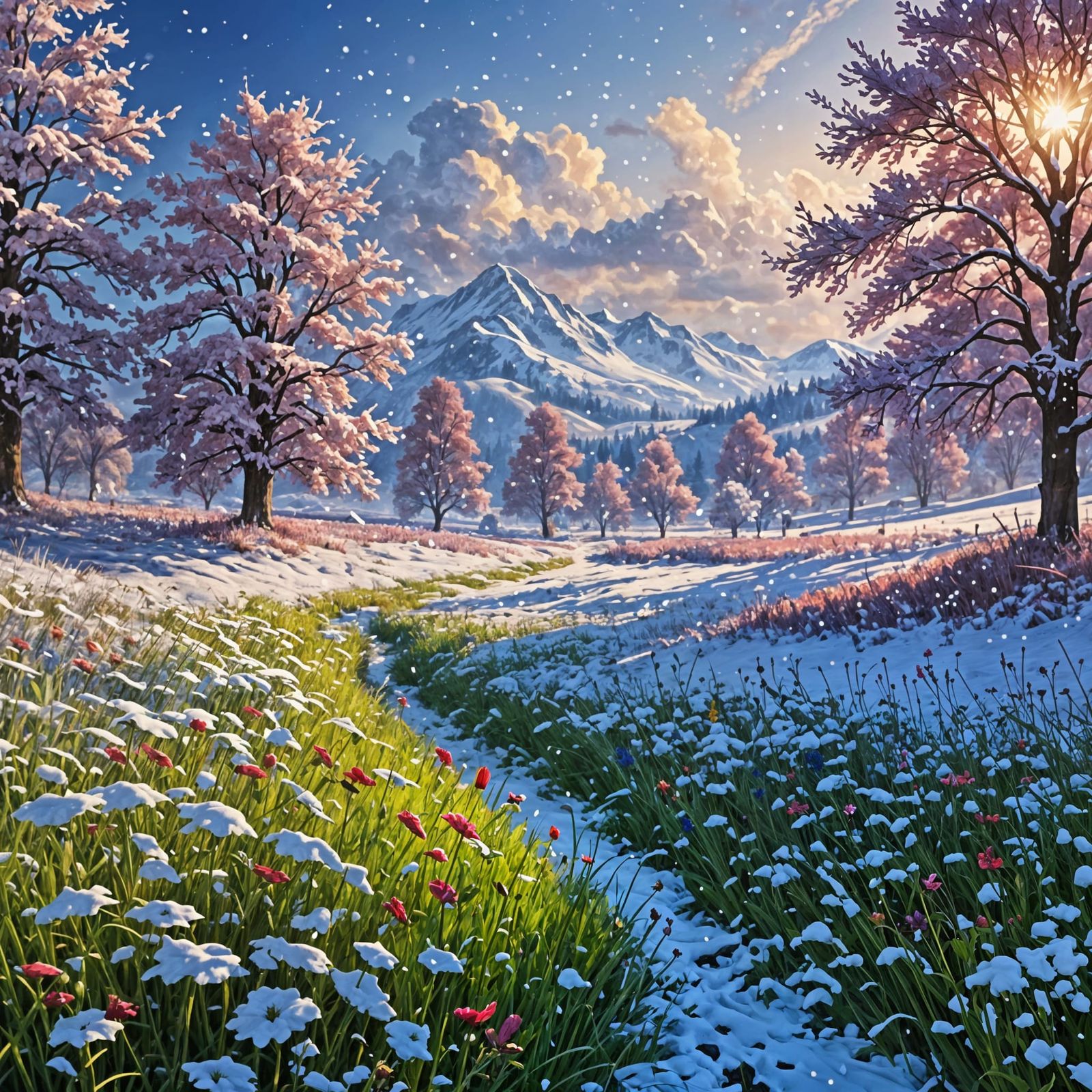 Fantasy Snowfall Over Vibrant Meadows