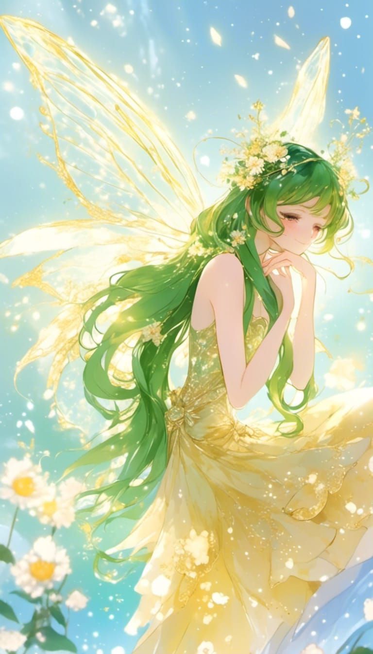 Anime Fairy Girl with Green Hair and Golden Eyes