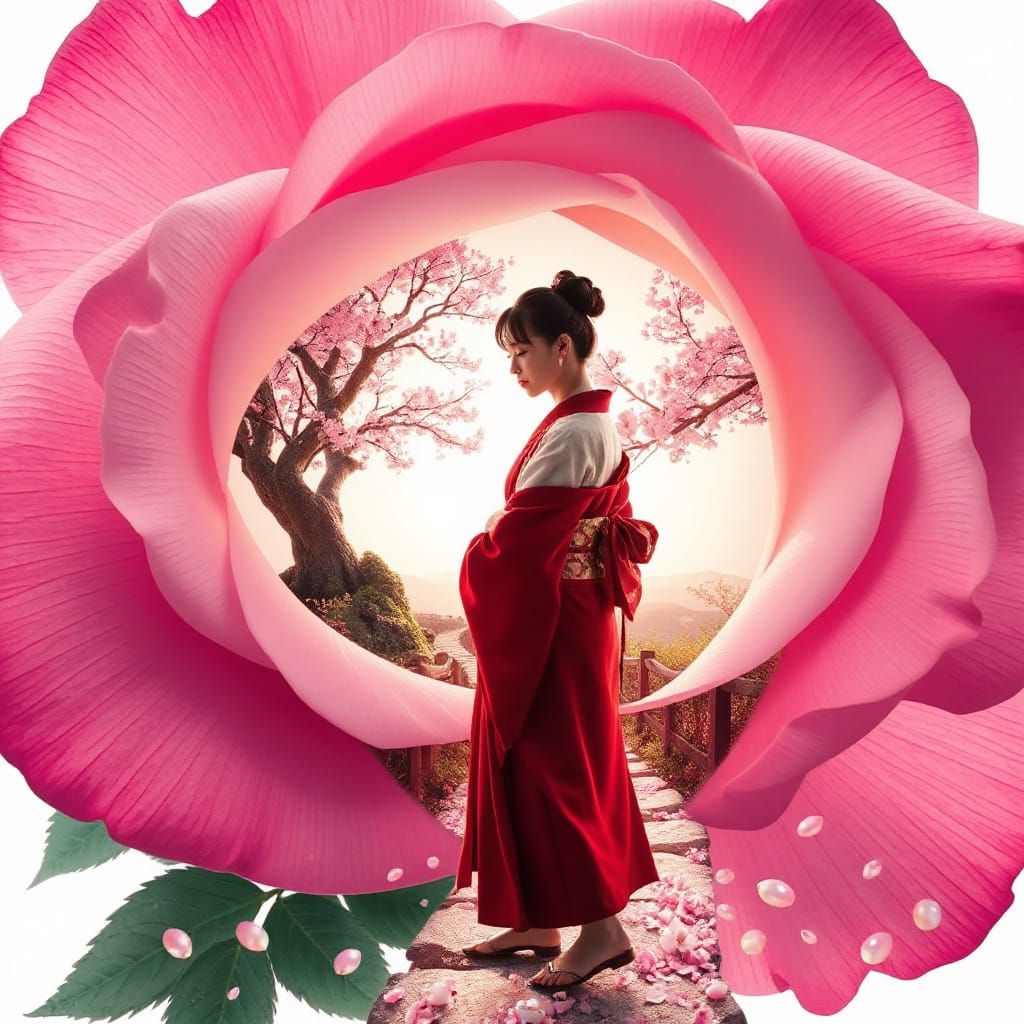 Surreal Spring Rose in Zen Garden with Samurai Woman