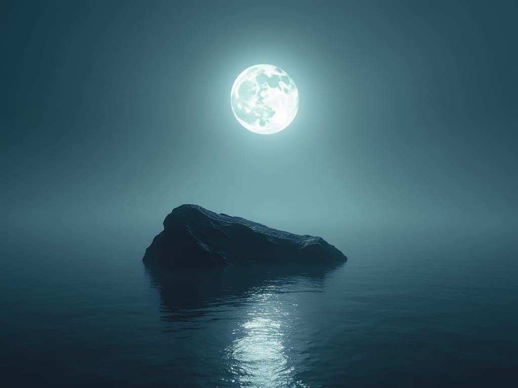 Moonlit Rock in Ethereal Waterscape