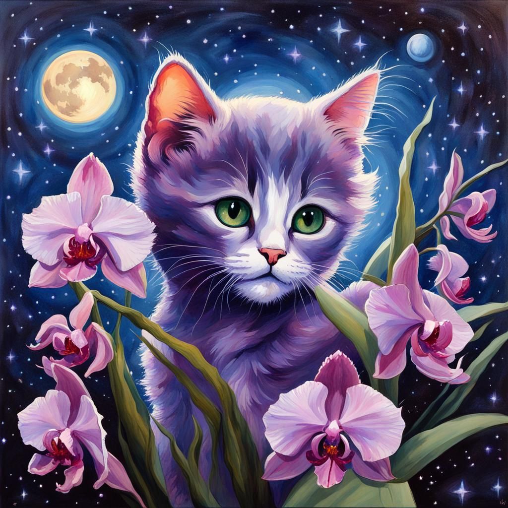 High Gothic Cosmic Kitten Watercolor Painting