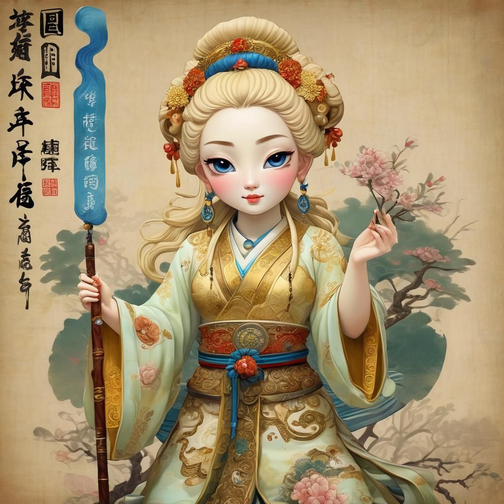 Quan Yin Bobblehead in Klimt-Inspired Chinese Art