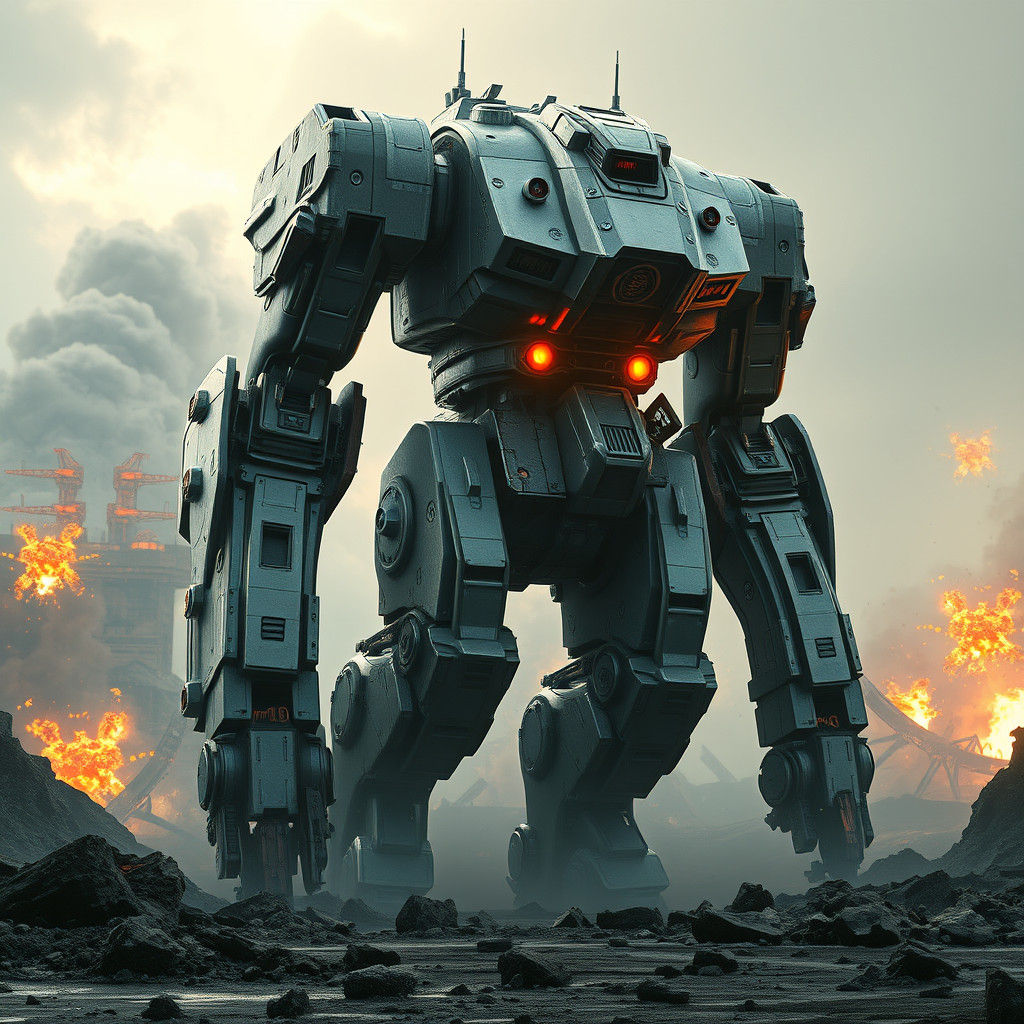 Colossal Mech in War-Torn Landscape