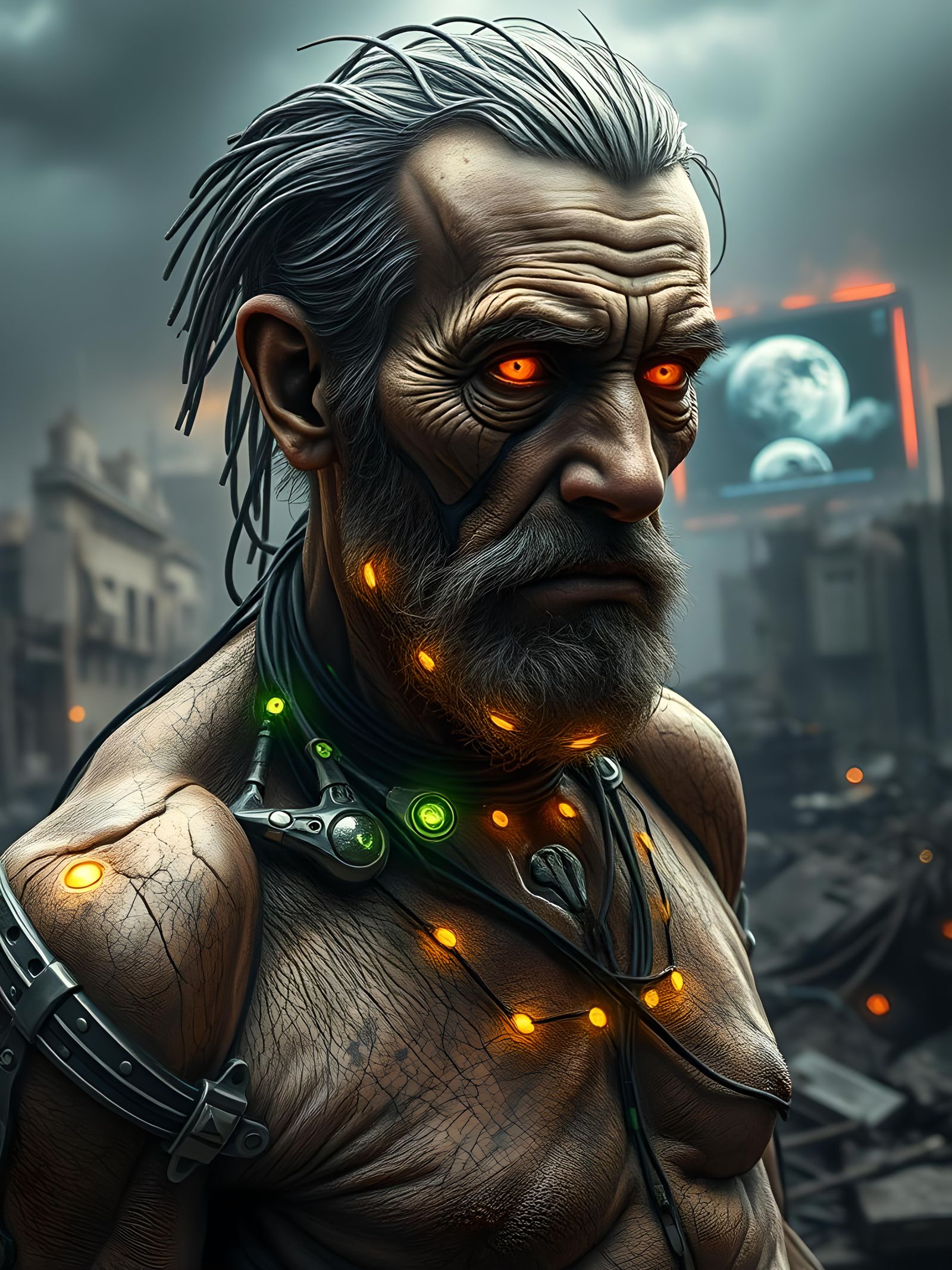 Cyborg Elder in Ruined Metropolis: Hyperrealistic Concept Ar...