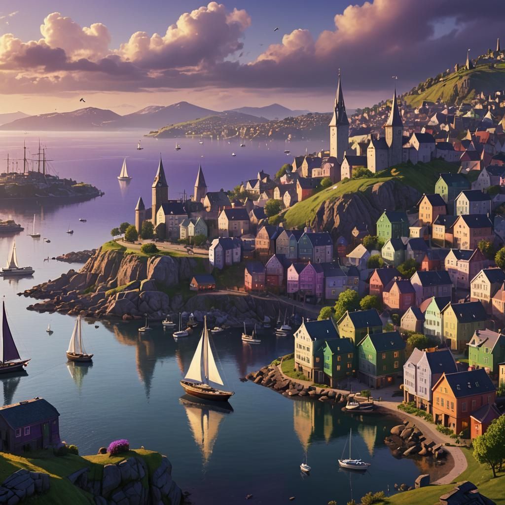 Gandvik Cityscape Overlooking Serene Bay: Fantasy Art