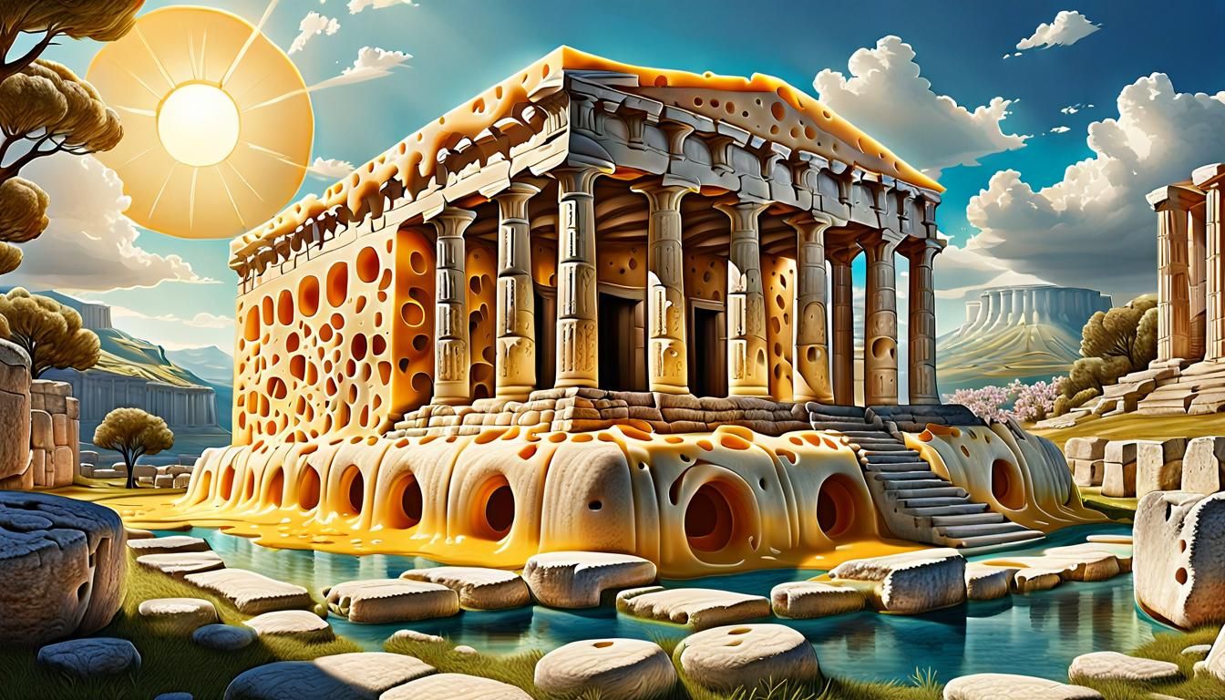 Whimsical Swiss Cheese Temple in Comic Art Style