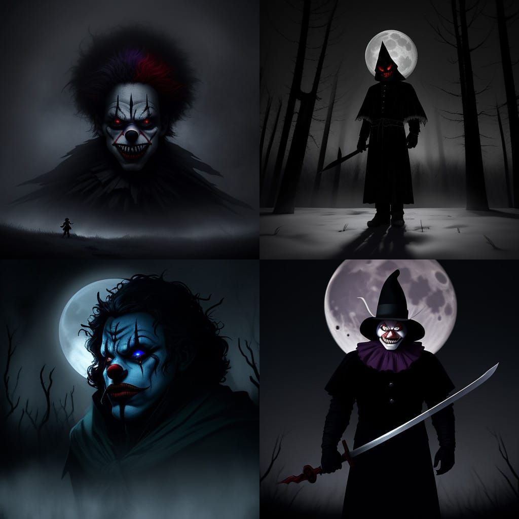 Gothic Nightmare: Black Clown Stands Under Snowy Full Moon