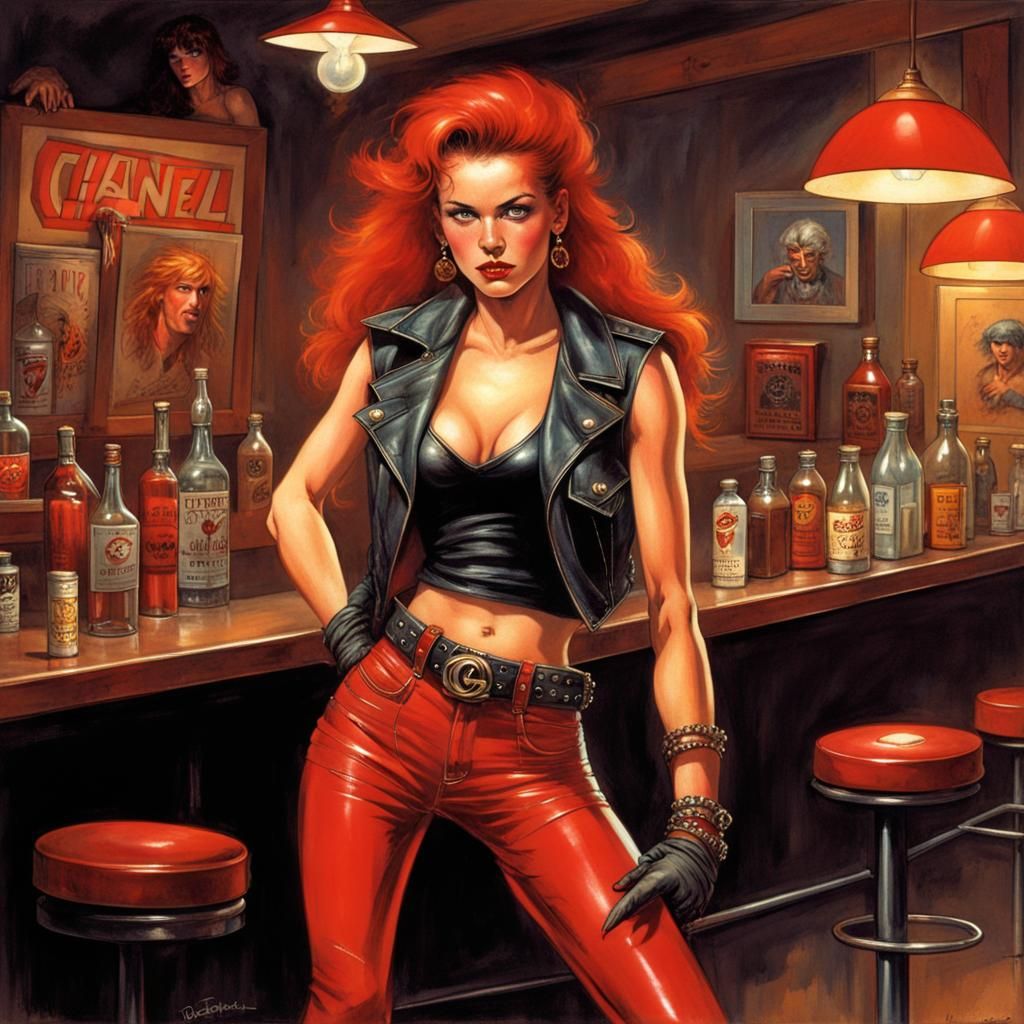 Attractive Redhead Strikes Rock Pose in Punk Bar