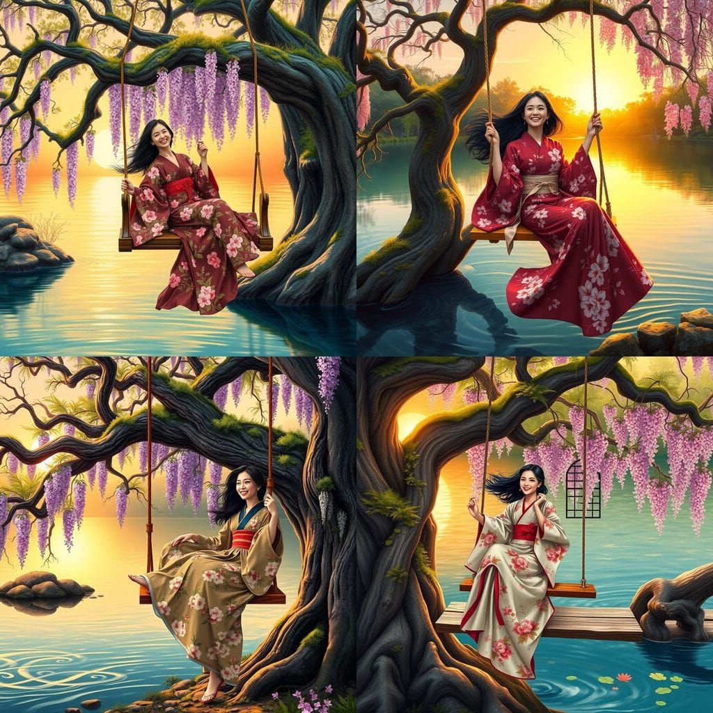 Woman Swinging on Tree Branch Over Pond in a Kimono