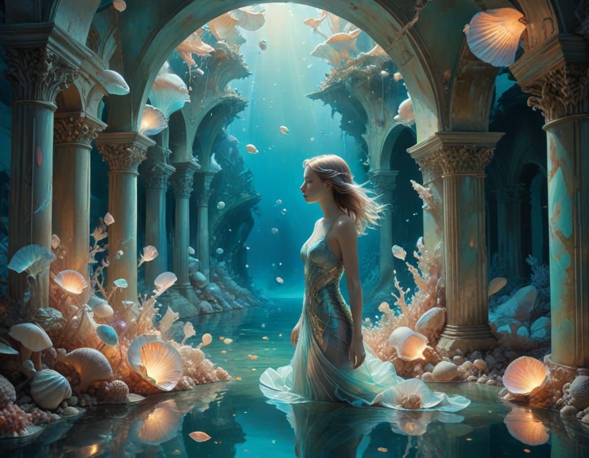Ethereal Woman in Bioluminescent Underwater City