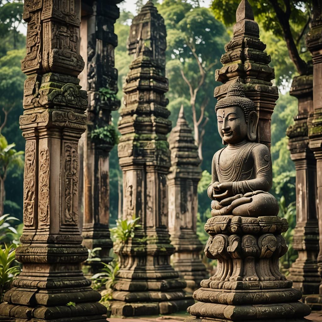 Majestic Laotian Temple with Buddha Pillars