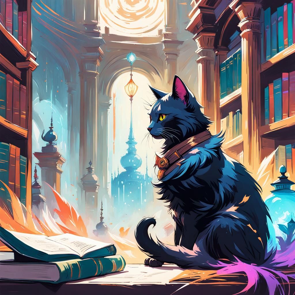 Mythical Cat Contemplating in Library, Gouache Painting