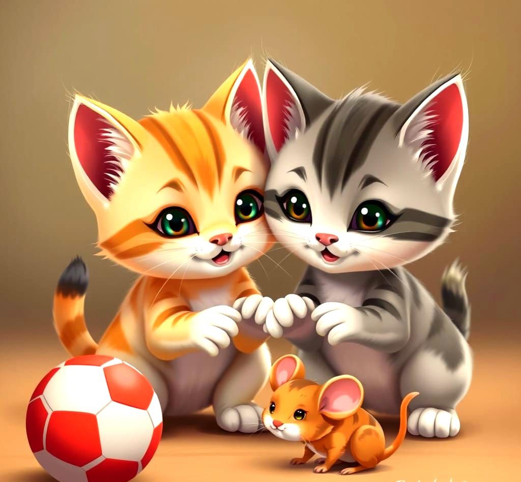 Whimsical Realistic Cartoon Kitten Playtime