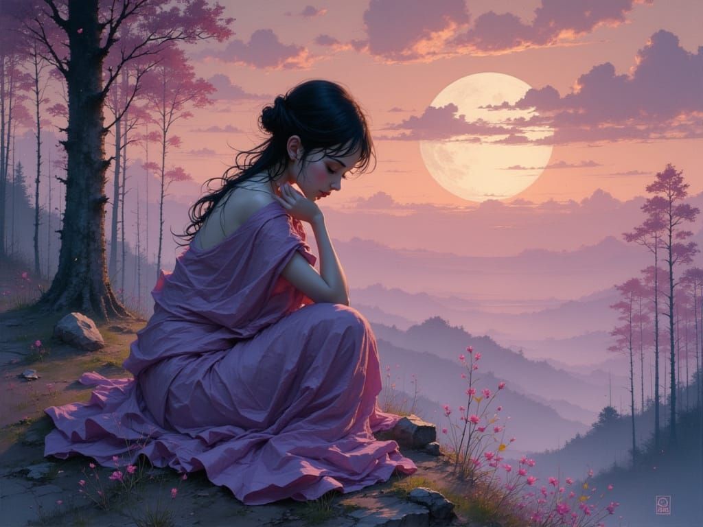 Dreamy Woman in Moonlit Landscape, James Jean Style