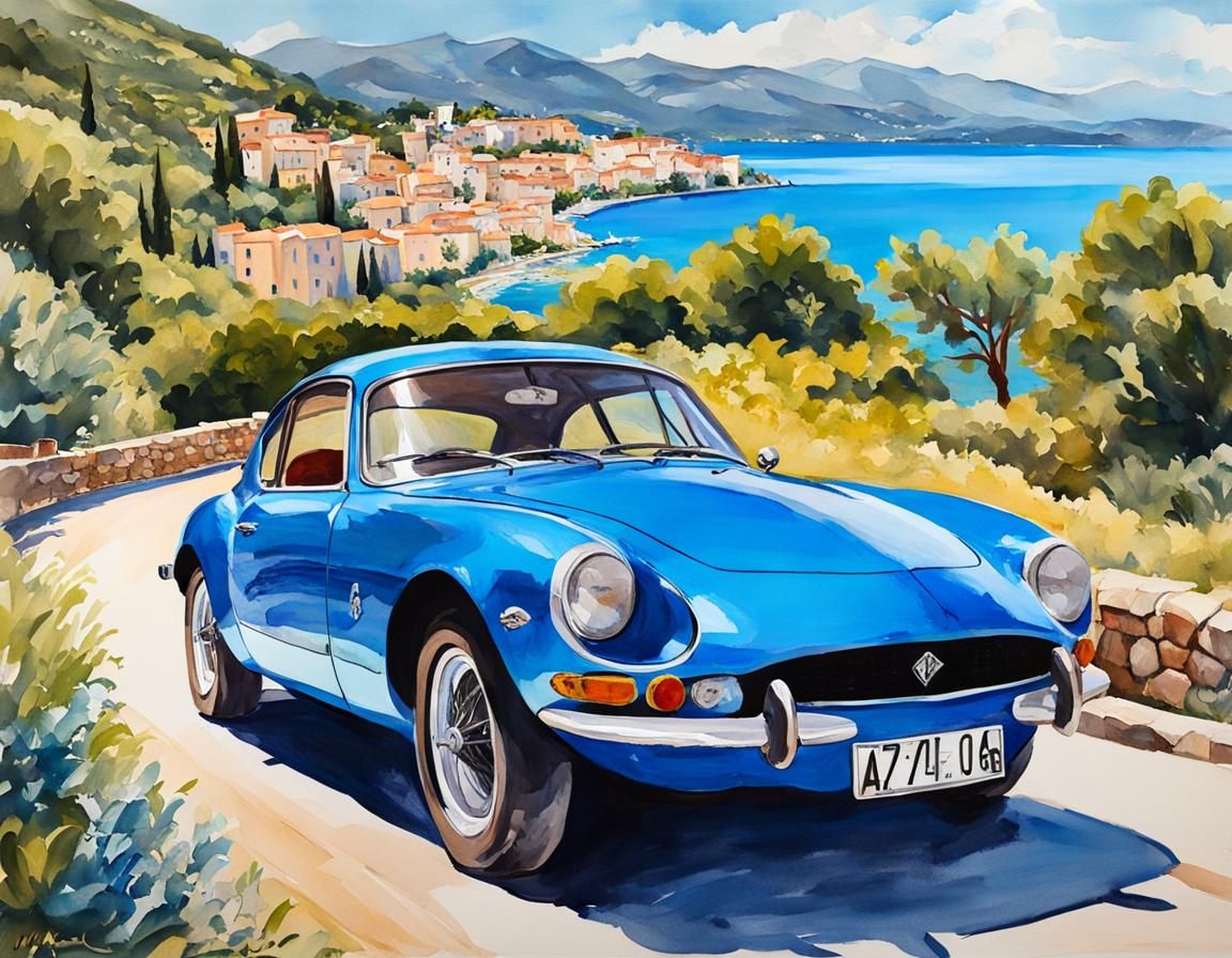 Blue Alpine A110 on the Côte d'Azur as Gouache Art