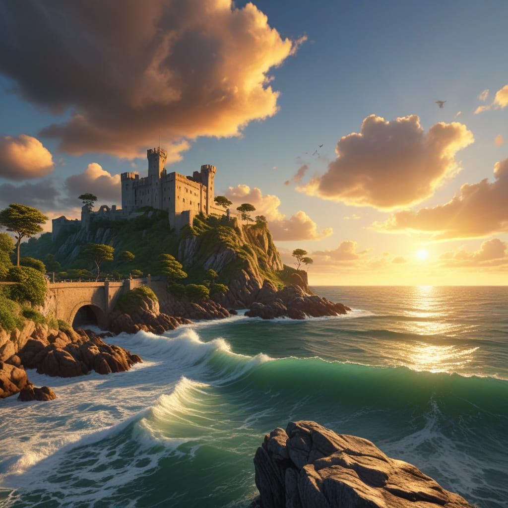 Vibrant Sunrise Seascape with Medieval Castle