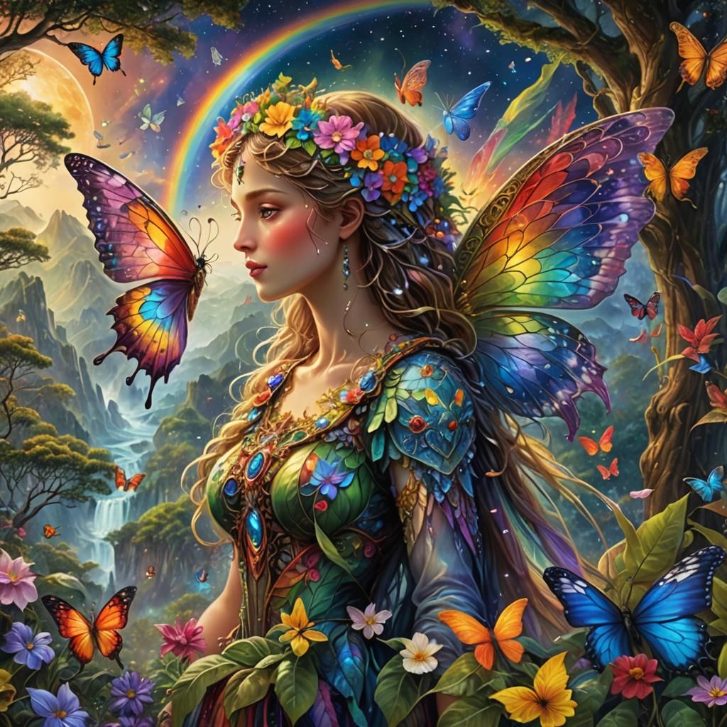 Rainbow Fairy in Celestial Forest, Digital Painting