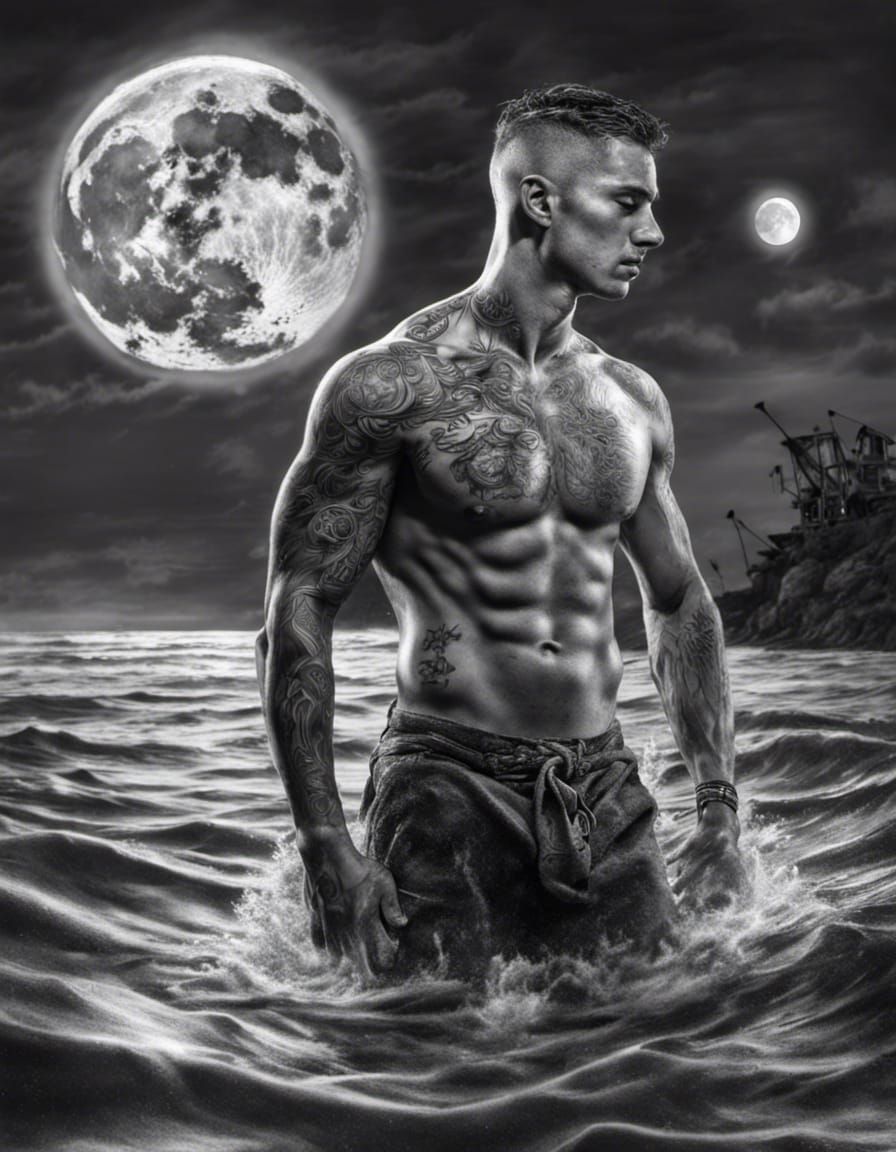 Hyperrealistic Charcoal Portrait of Tattooed Marine