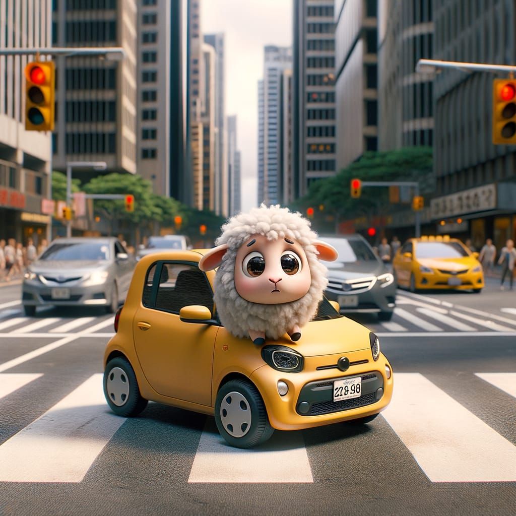 Cartoon Sheep Nervously Driving in a City