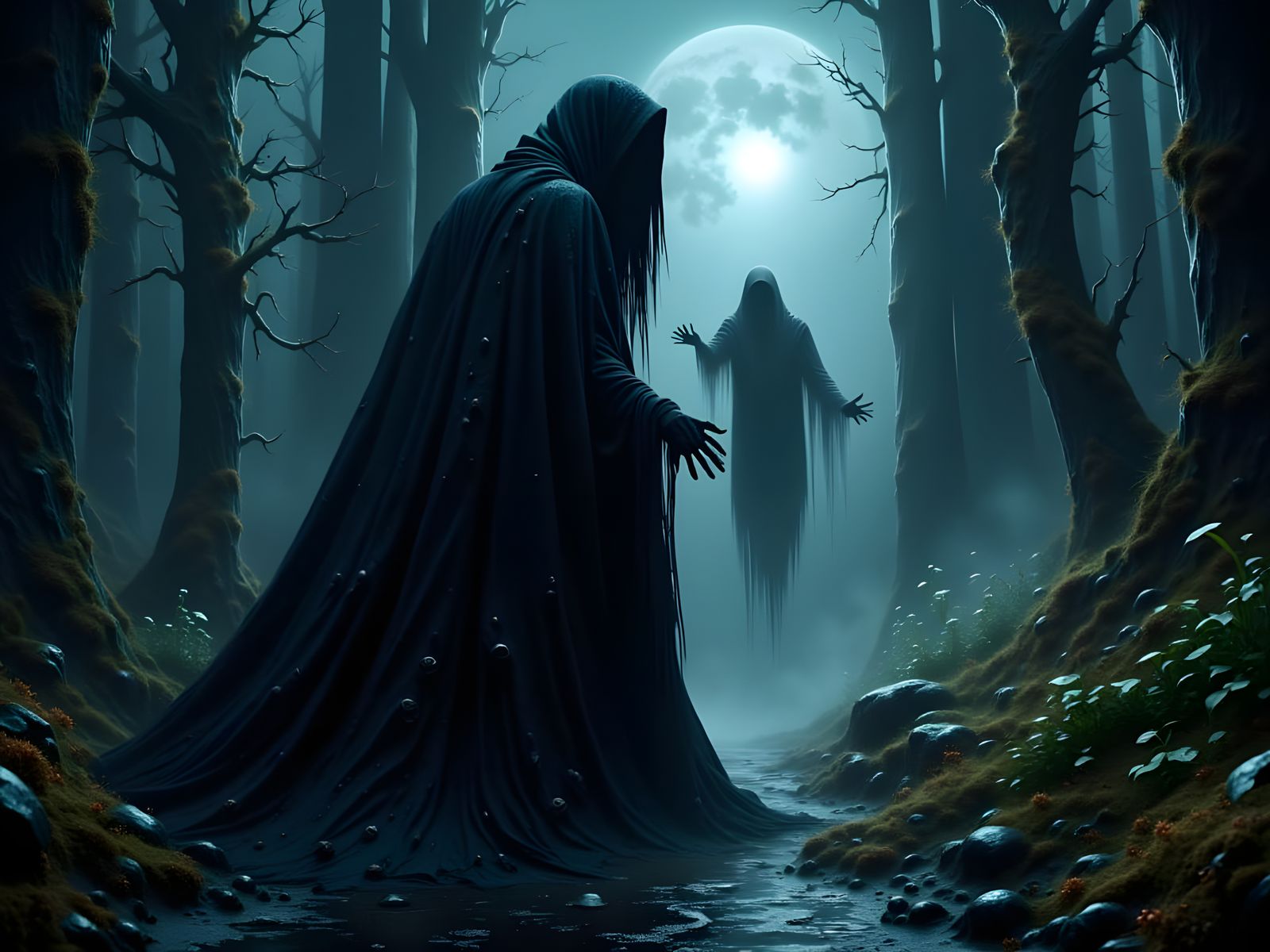 Witch Conjures Wraith in Dark Magical Scene