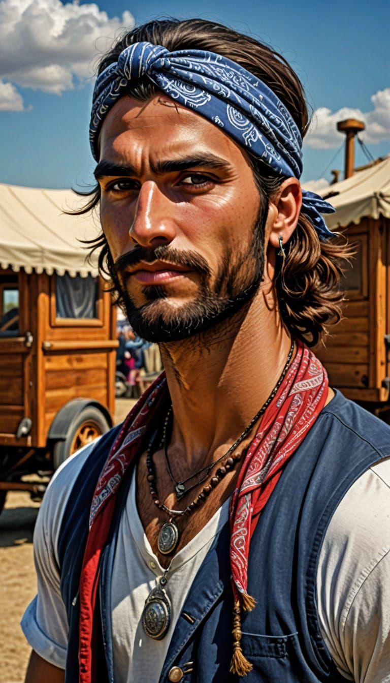 Athletic Man in Gypsy Wagon, Digital Art Style