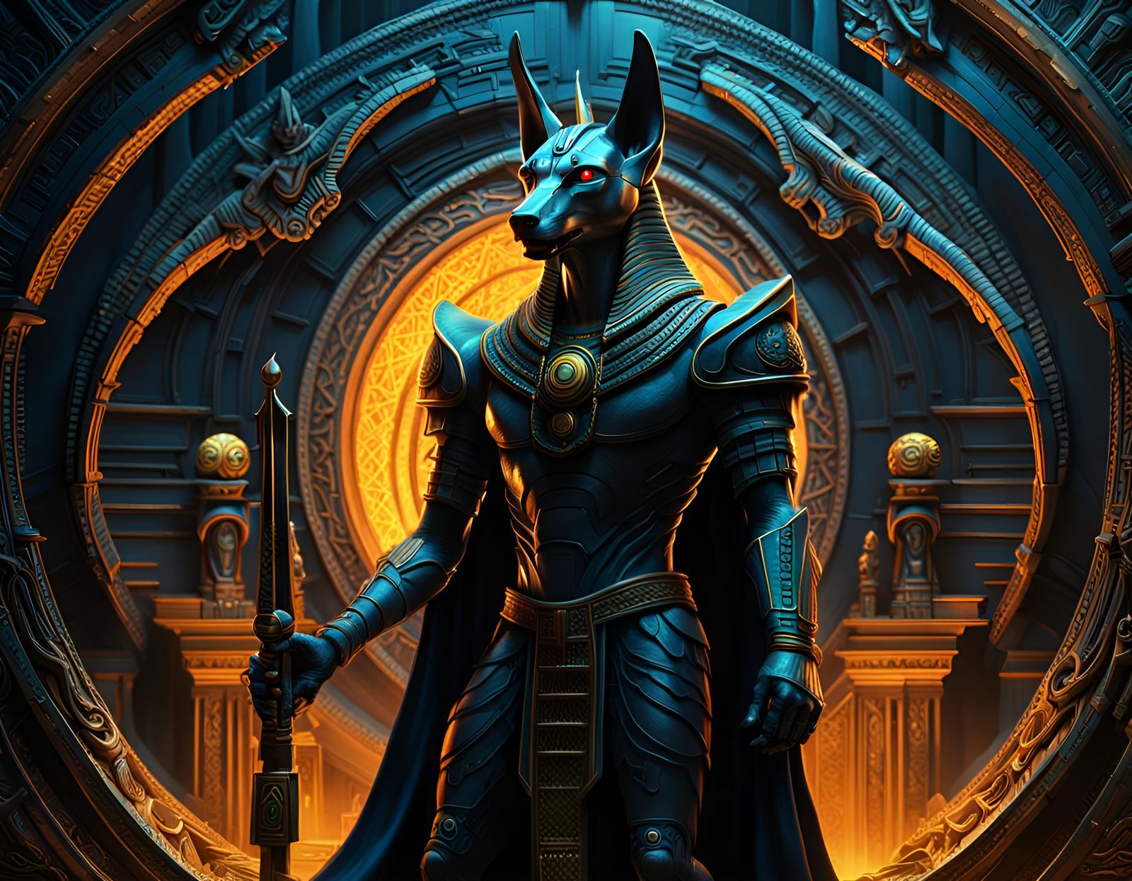 Regal Anubis Guards Chaos Portal in Noir Style