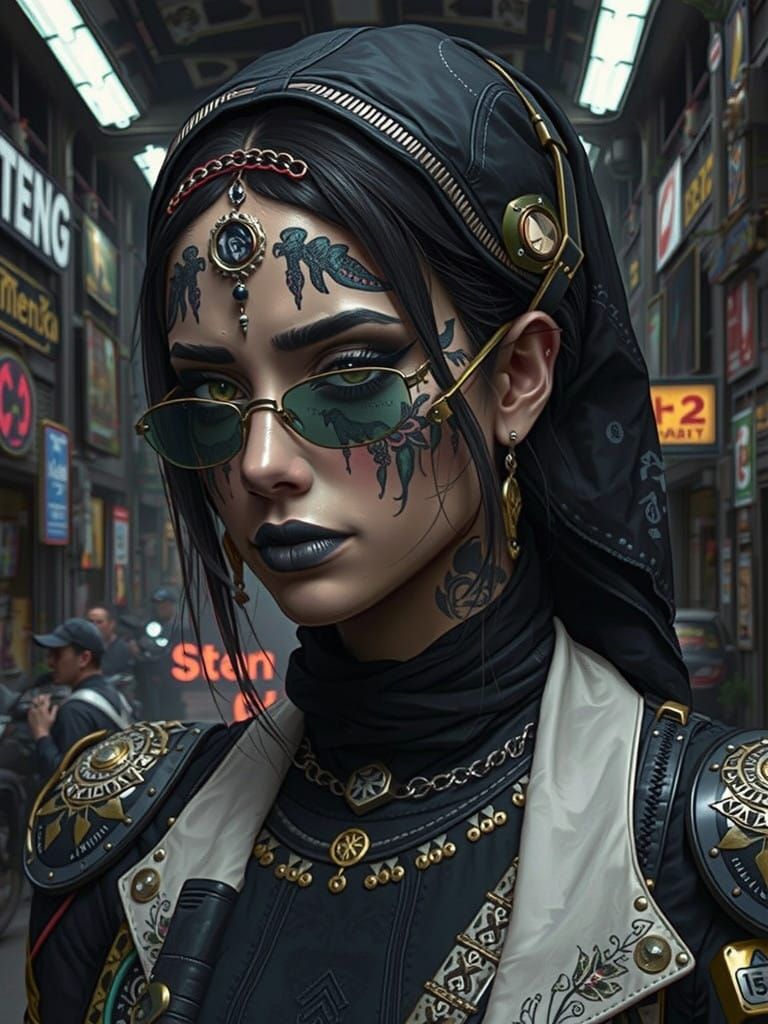 Arabic Cyberpunk Goddess with Henna Tattoos and Black Tears