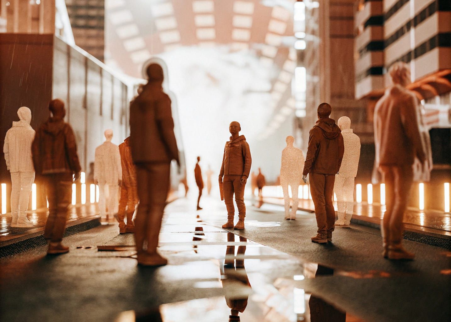 3D Crowd Hologram in Glitchy Futuristic Landscape