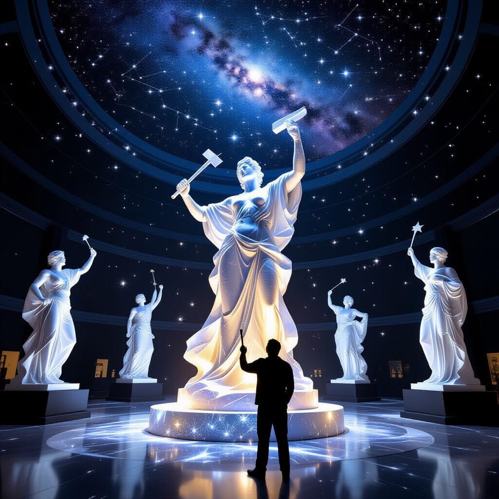 Sculptor Carving Statues from Starlight in Observatory