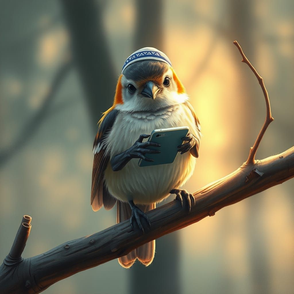 Anthropomorphic Sparrow in Misty Forest: Romantic Art