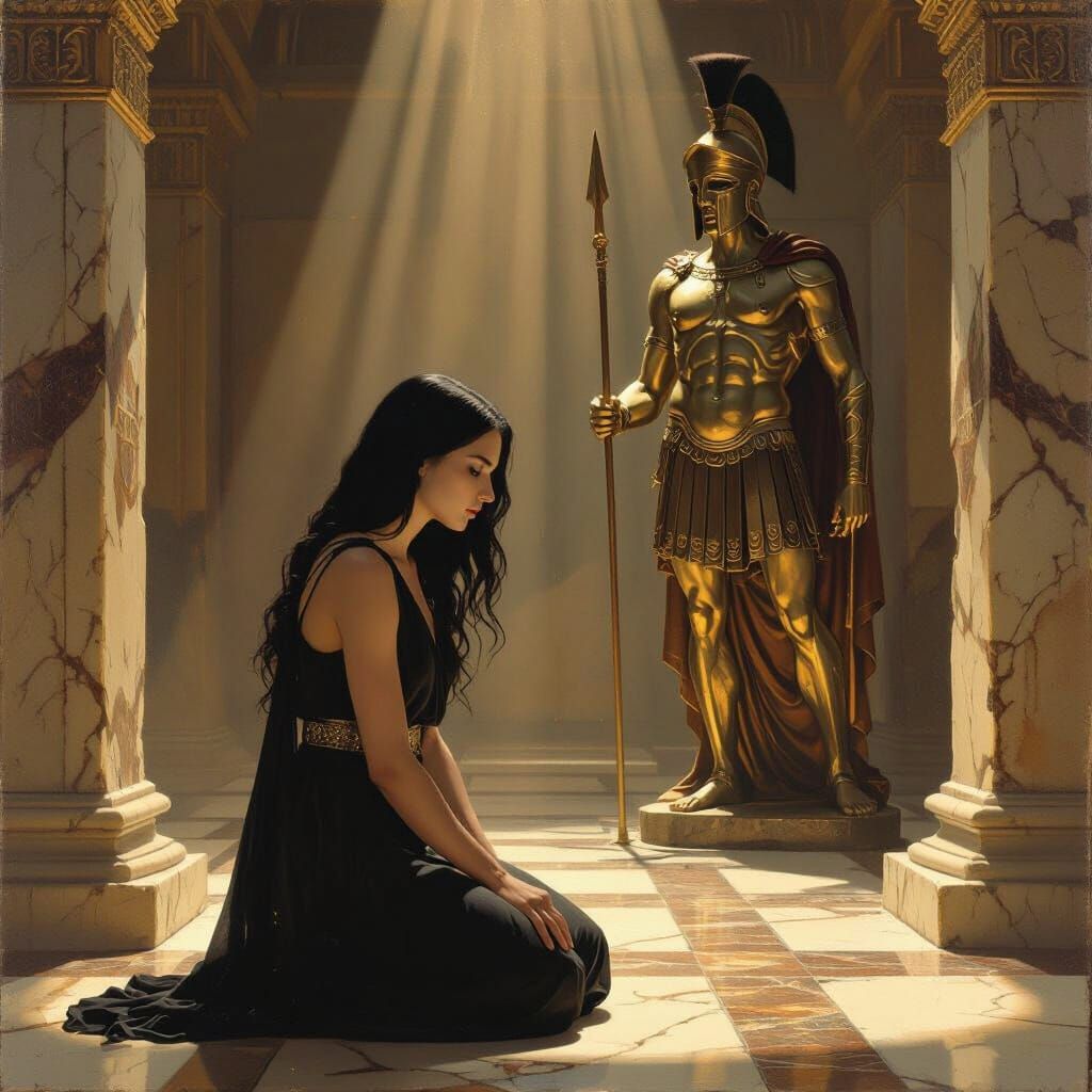 Ancient Greek Temple Scene with Woman Kneeling